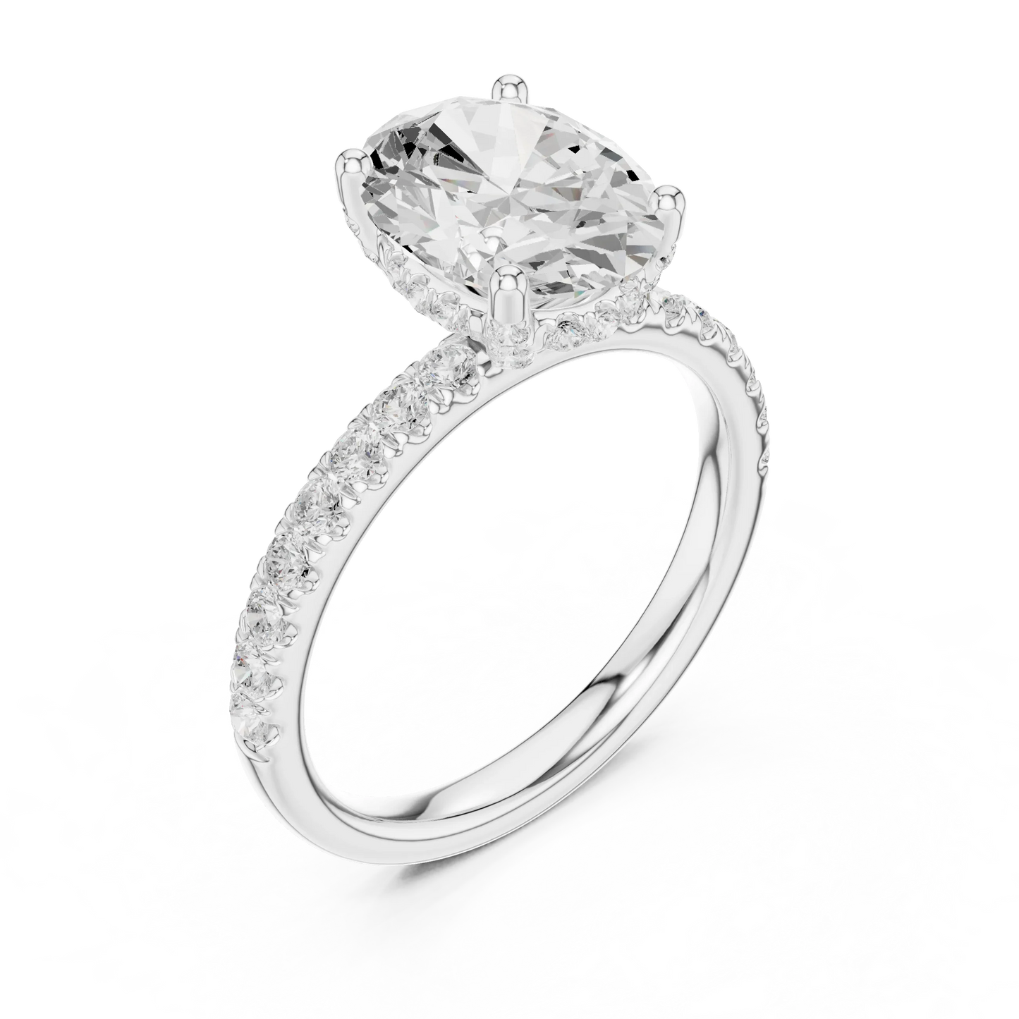 Front view of white gold oval solitaire ring with pave diamond band and lab-grown diamond – Australia