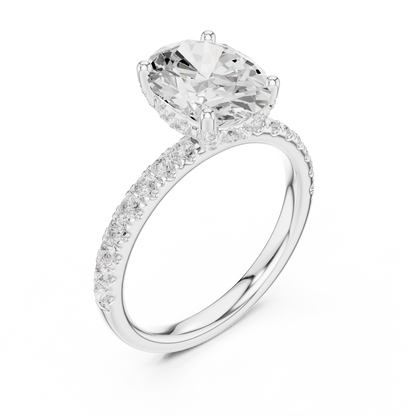 Front view of white gold oval solitaire ring with pave diamond band and lab-grown diamond – Australia