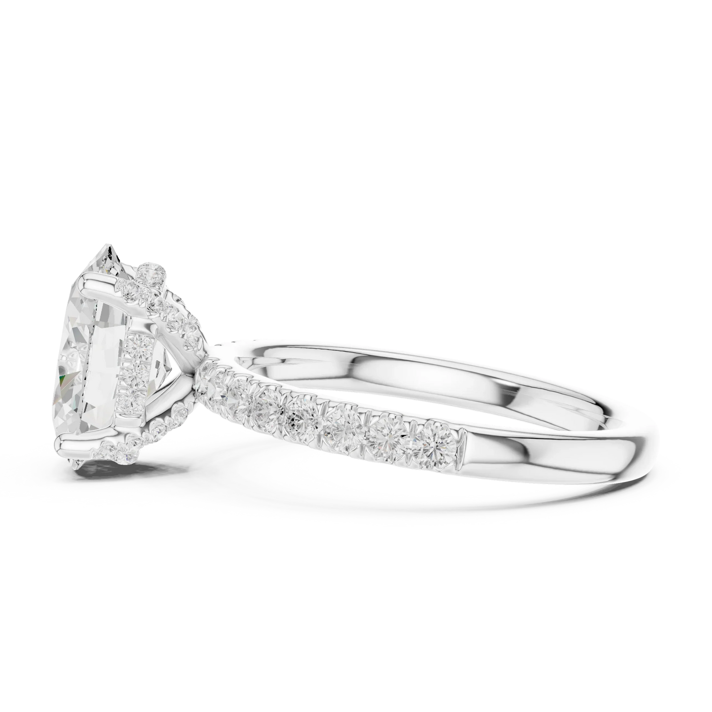 Side view of white gold oval solitaire ring with pave diamond band and lab-grown diamond – Australia