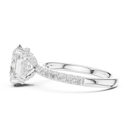 Side view of white gold oval solitaire ring with pave diamond band and lab-grown diamond – Australia