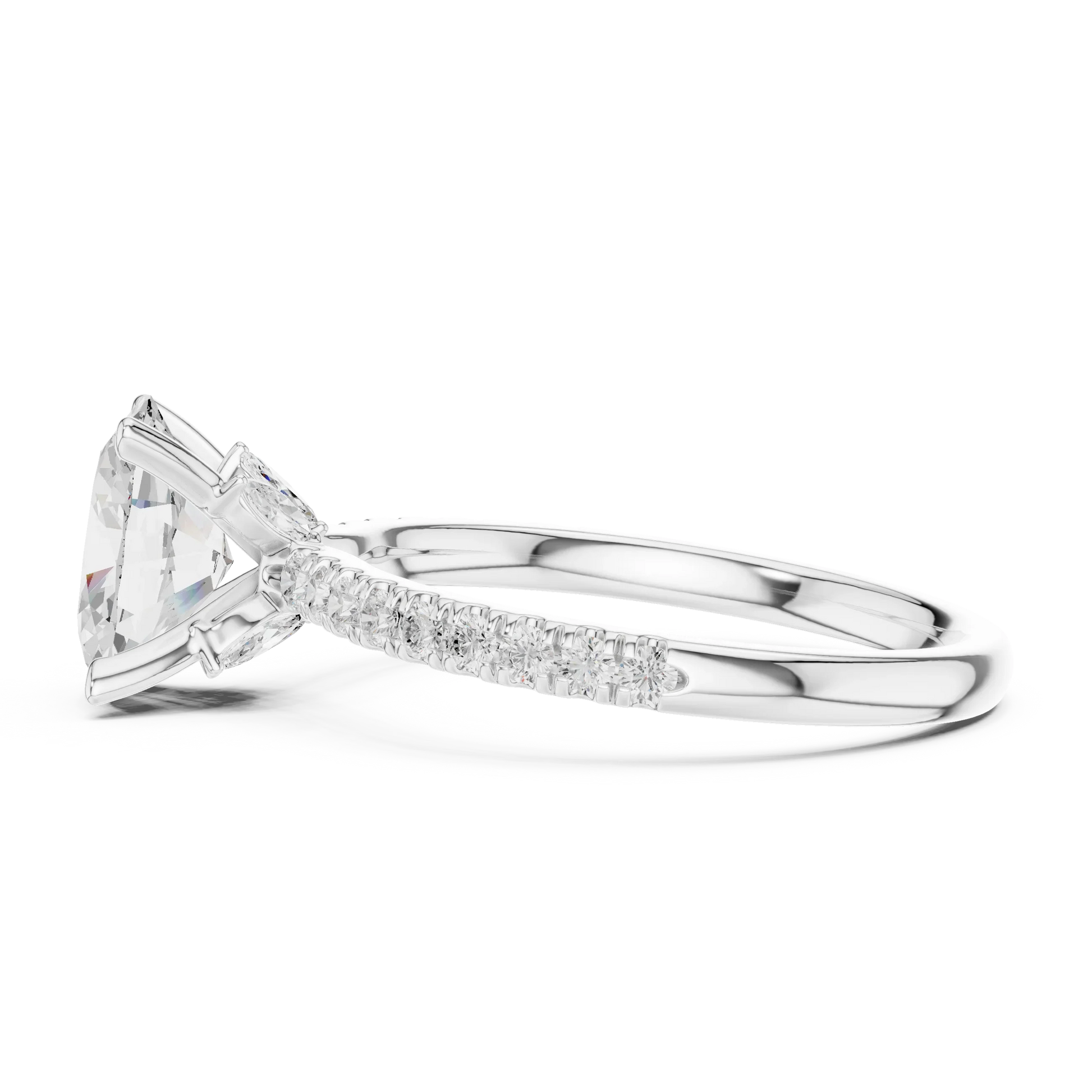 Side view of white gold oval solitaire ring with pave diamond band and lab-grown diamond – Australia