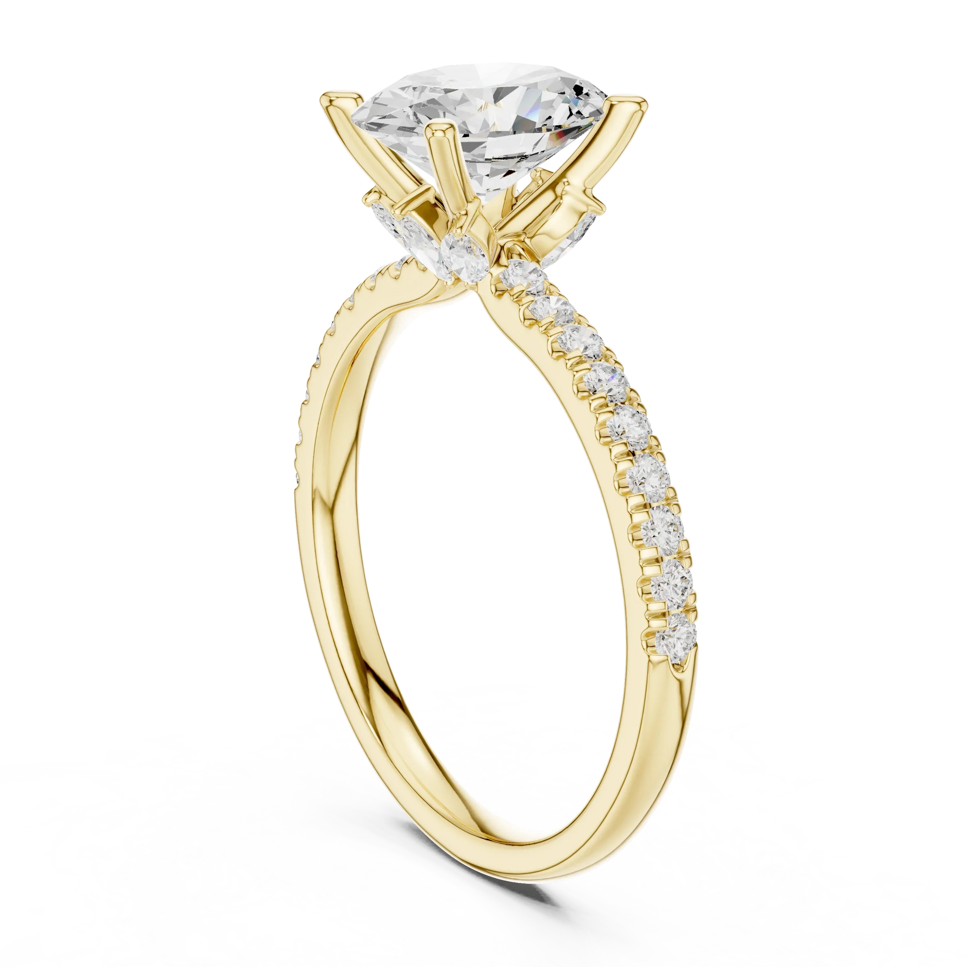 Back side view of yellow gold oval solitaire ring with pave diamond band and lab-grown diamond – Australia