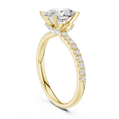 Back side view of yellow gold oval solitaire ring with pave diamond band and lab-grown diamond – Australia