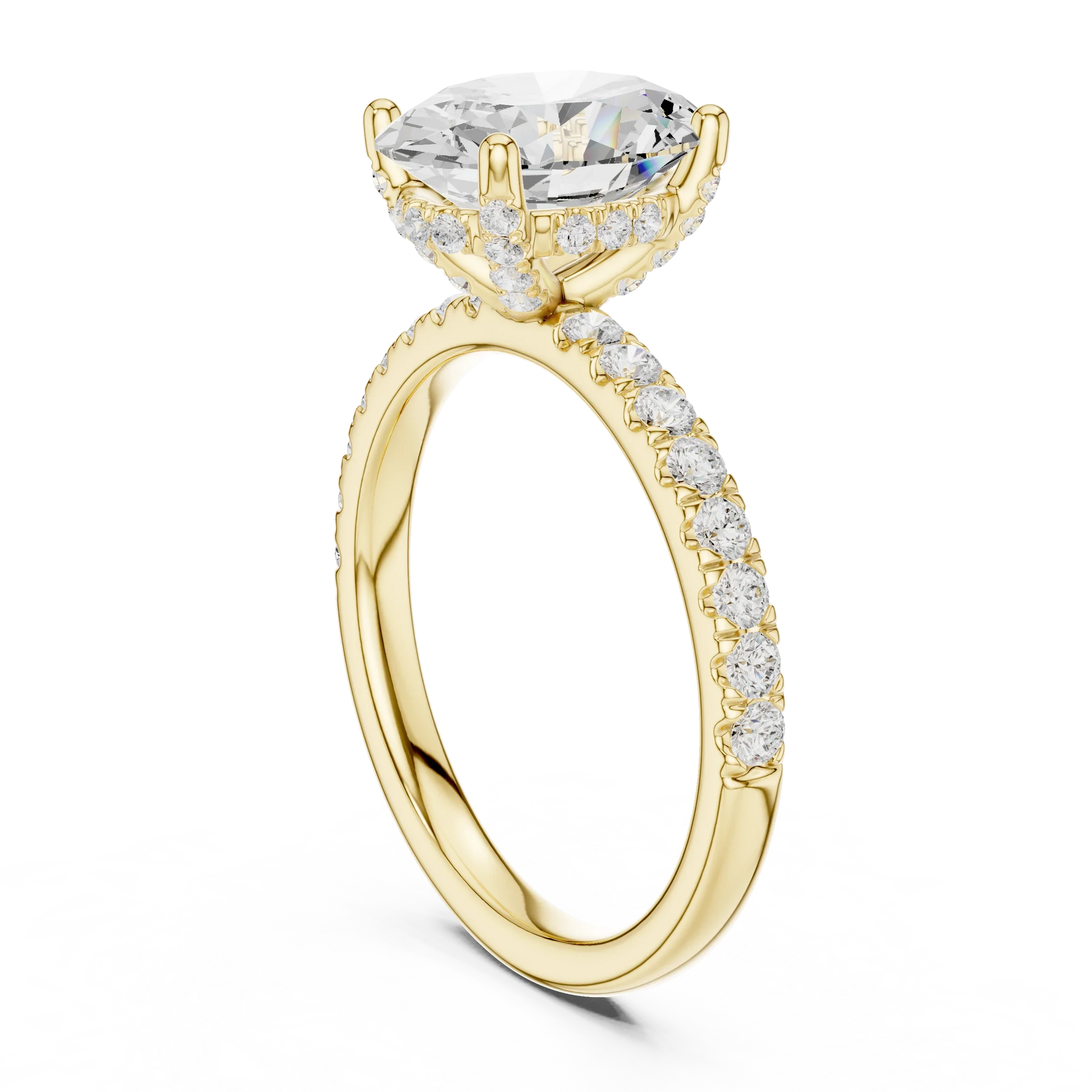 Back view of yellow gold oval solitaire ring with pave diamond band and lab-grown diamond – Australia