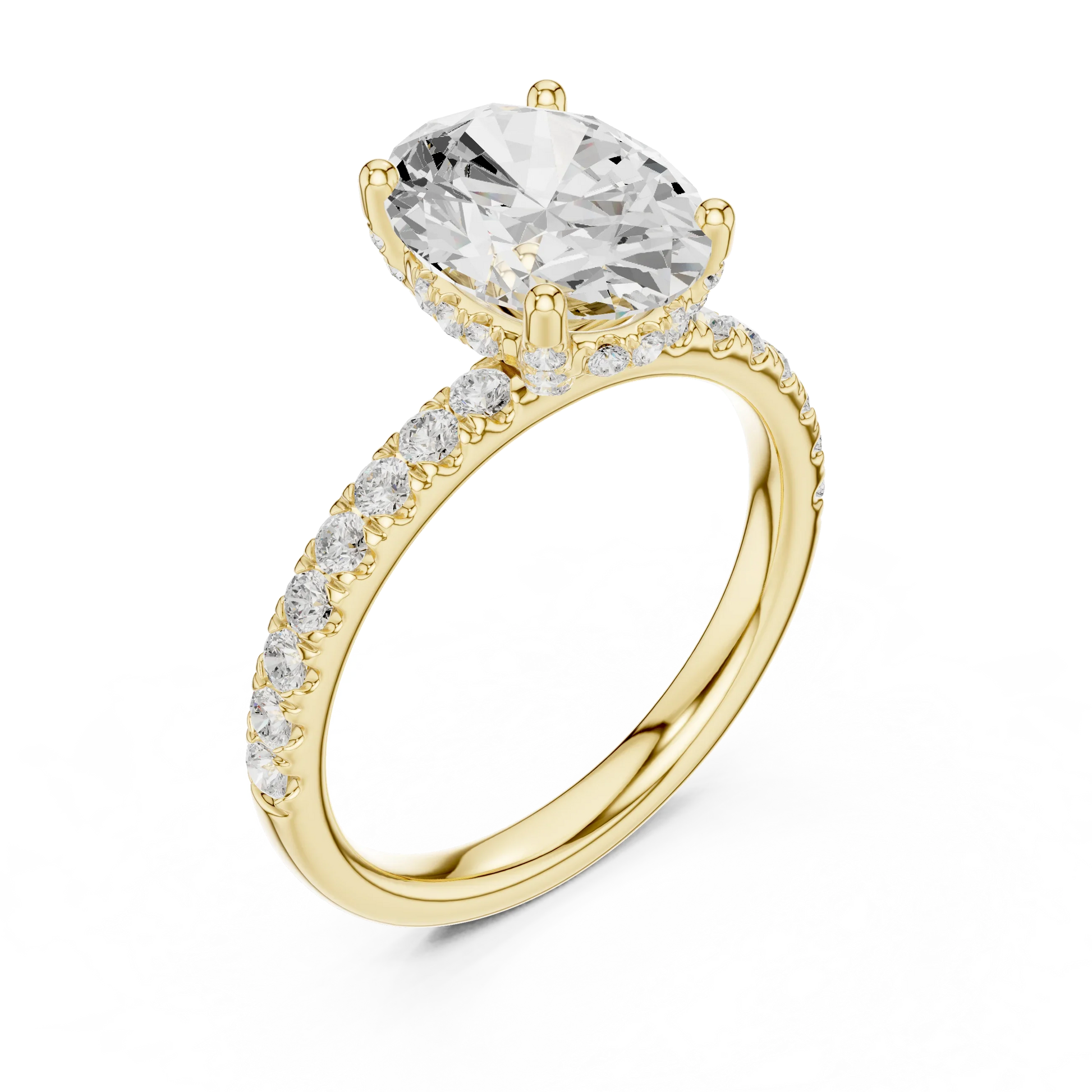 Front view of yellow gold oval solitaire ring with pave diamond band and lab-grown diamond – Australia