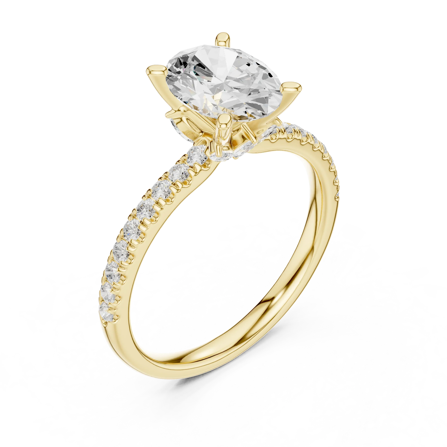 Front view of yellow gold oval solitaire ring with pave diamond band and lab-grown diamond – Australia