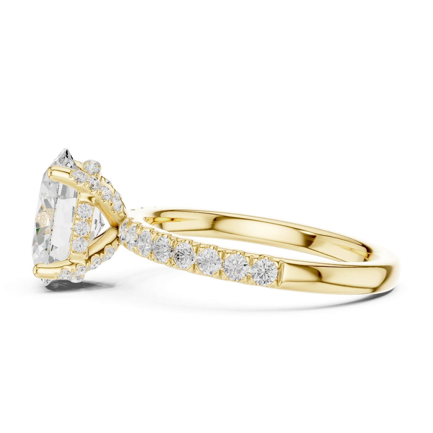 Side view of yellow gold oval solitaire ring with pave diamond band and lab-grown diamond – Australia