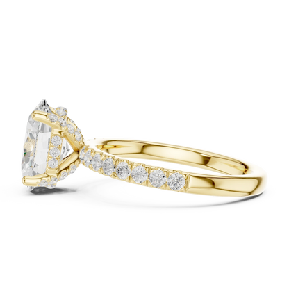 Side view of yellow gold oval solitaire ring with pave diamond band and lab-grown diamond – Australia