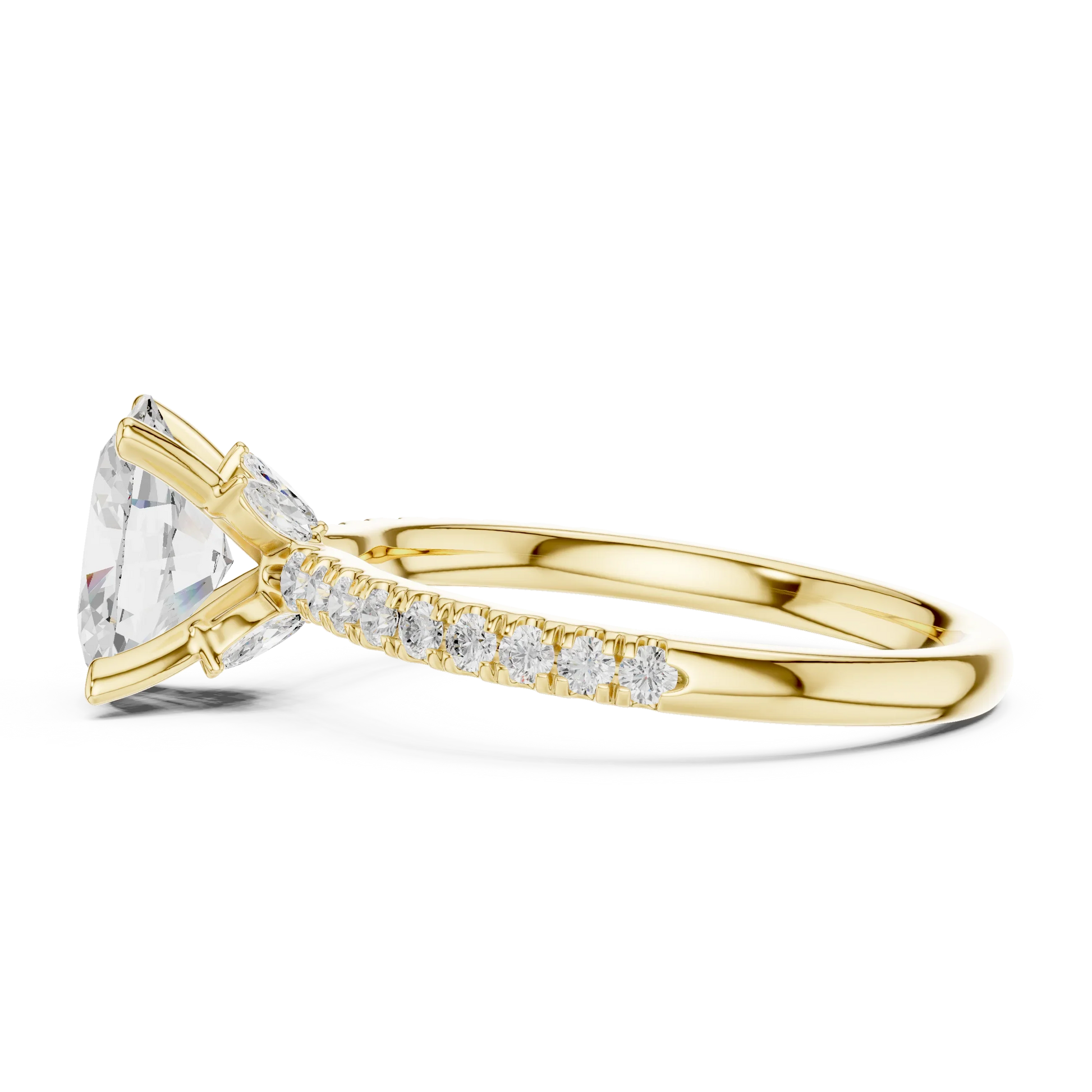 Side view of yellow gold oval solitaire ring with pave diamond band and lab-grown diamond – Australia