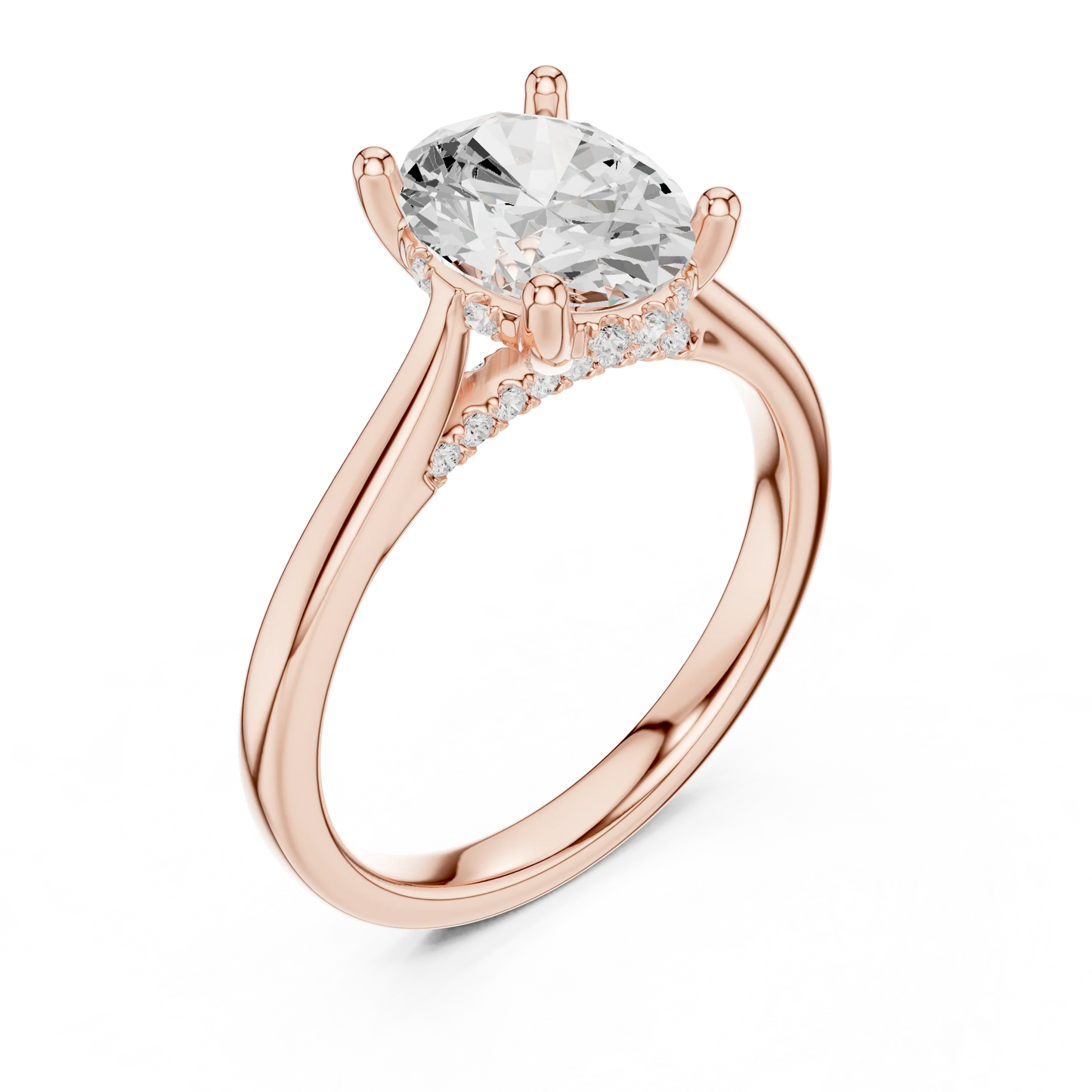 Front view of rose gold oval solitaire ring with plain domed band and lab-grown diamond – Australia