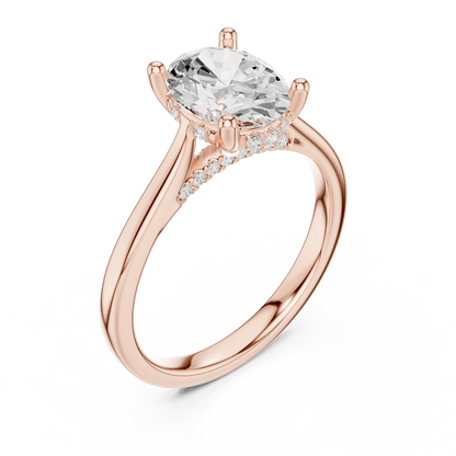 Front view of rose gold oval solitaire ring with plain domed band and lab-grown diamond – Australia