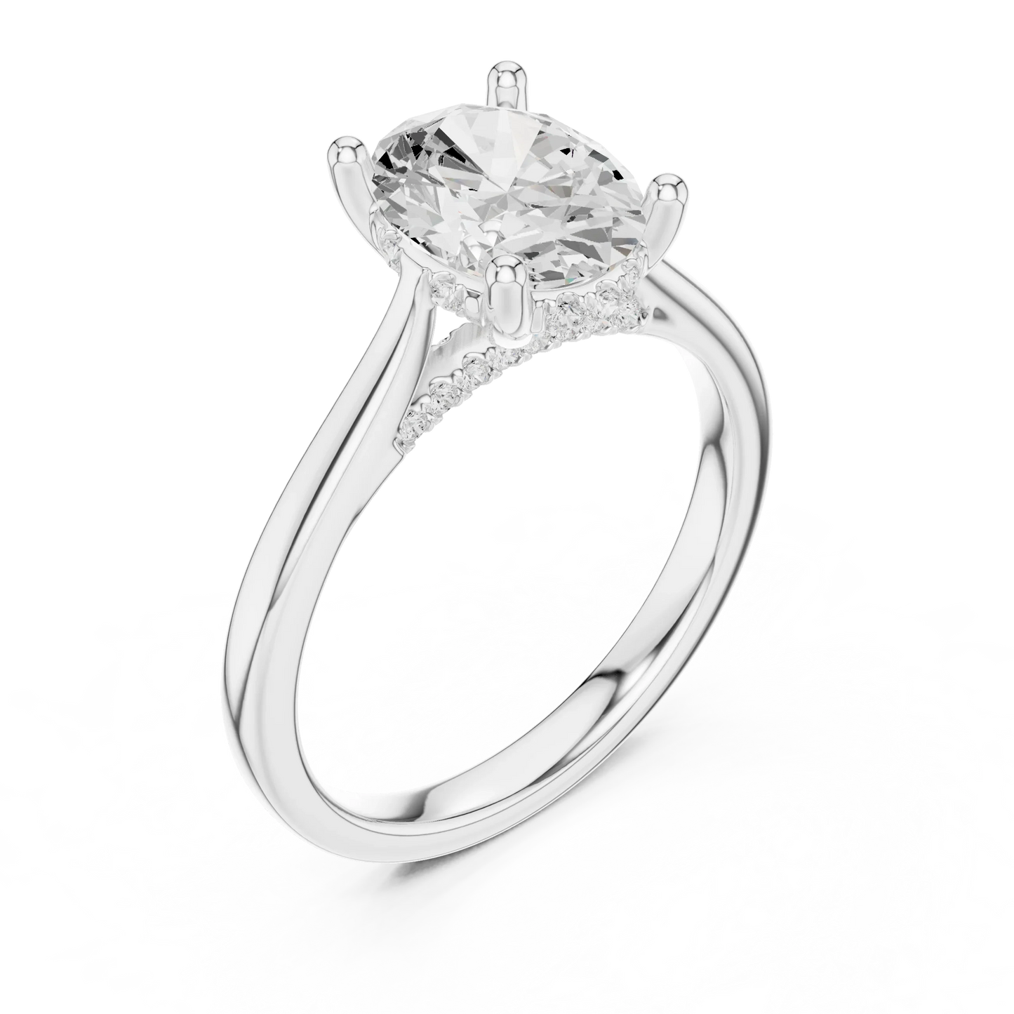 Front view of white gold oval solitaire ring with plain domed band and lab-grown diamond – Australia