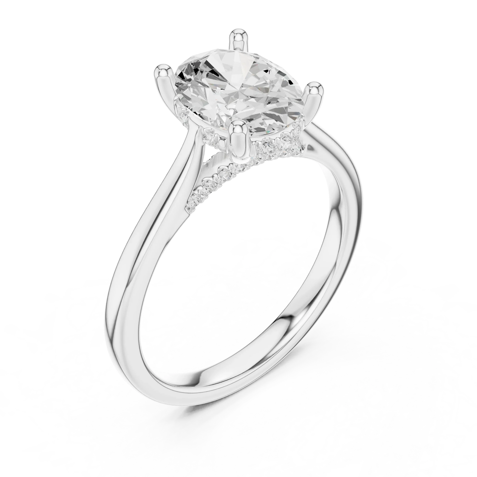 Front view of white gold oval solitaire ring with plain domed band and lab-grown diamond – Australia