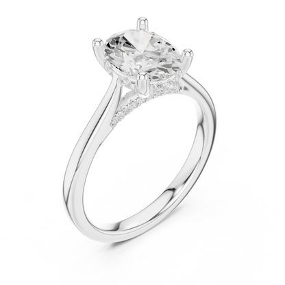 Front view of white gold oval solitaire ring with plain domed band and lab-grown diamond – Australia