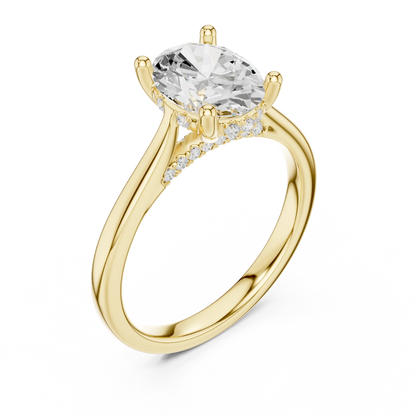 Back view of yellow gold oval solitaire ring with plain domed band and lab-grown diamond – Australia