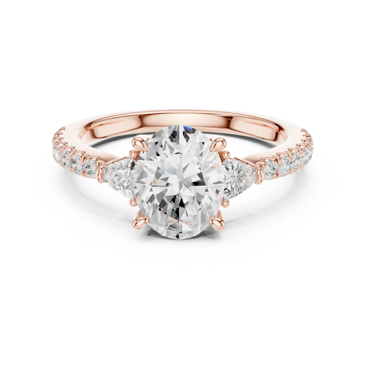 Lab-grown oval cut three stone diamond ring with half moon side stones and pave band in rose gold, top view