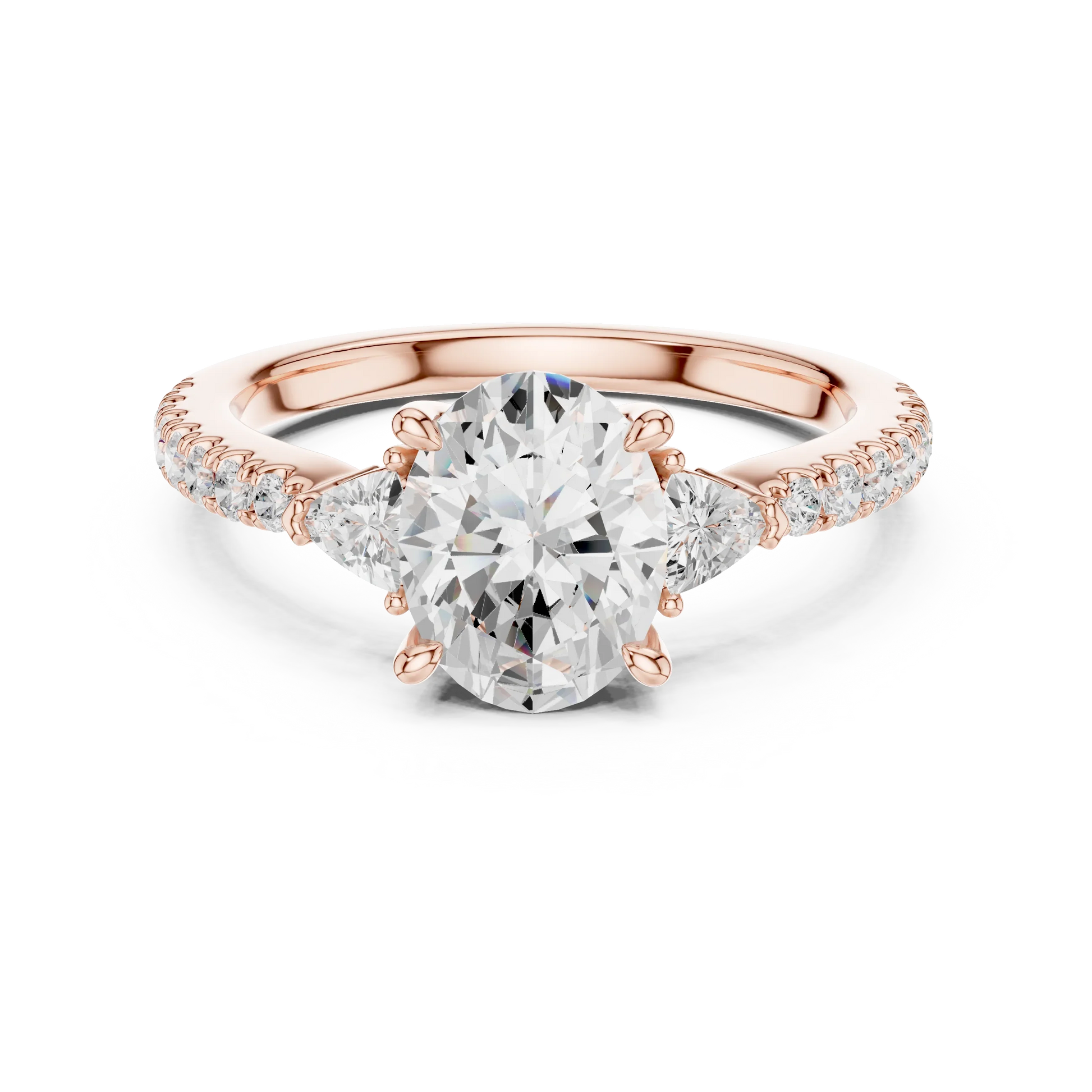 Lab-grown oval cut three stone diamond ring with half moon side stones and pave band in rose gold, top view