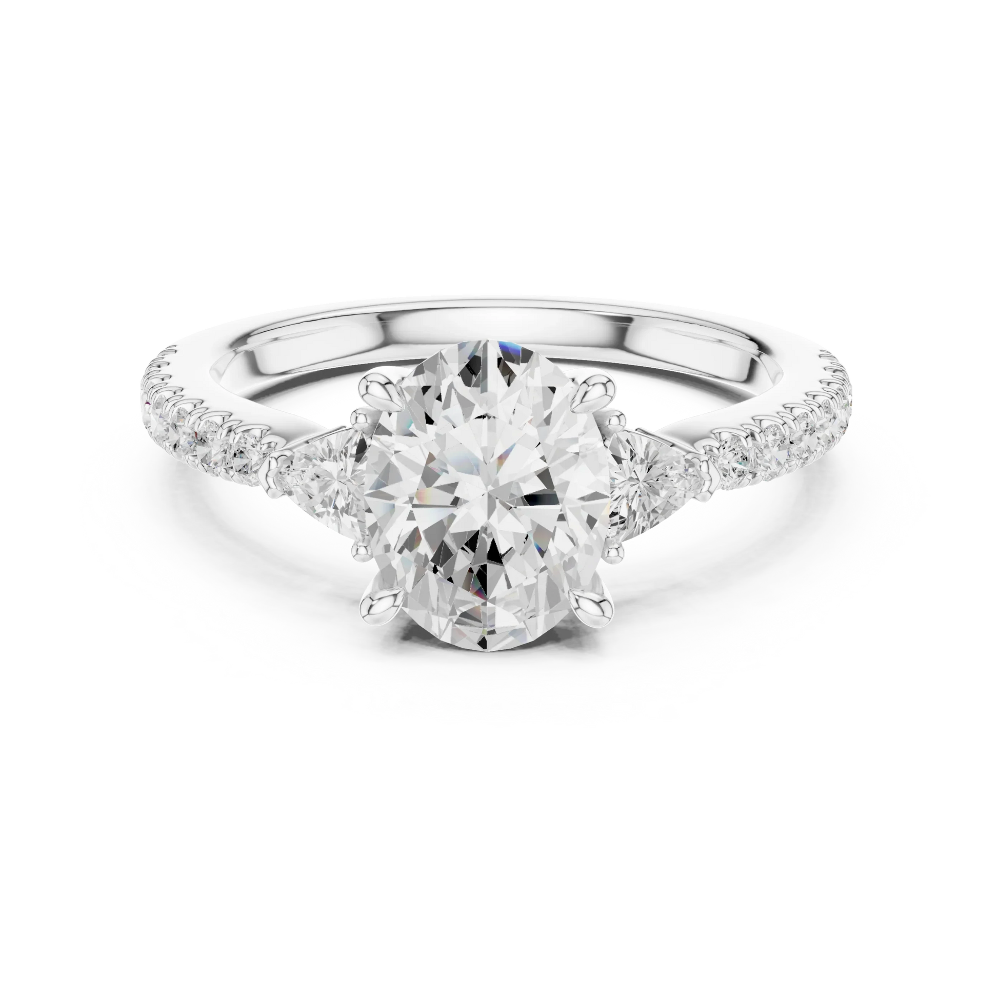 Lab-grown oval cut three stone diamond ring with half moon side stones and pave band in white gold, top view.