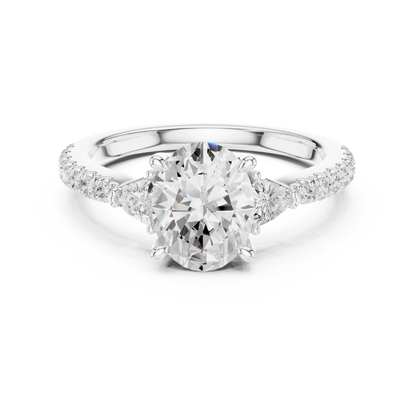 Lab-grown oval cut three stone diamond ring with half moon side stones and pave band in white gold, top view.
