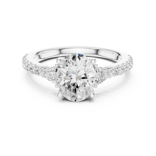 Lab-grown oval cut three stone diamond ring with half moon side stones and pave band in white gold, top view.