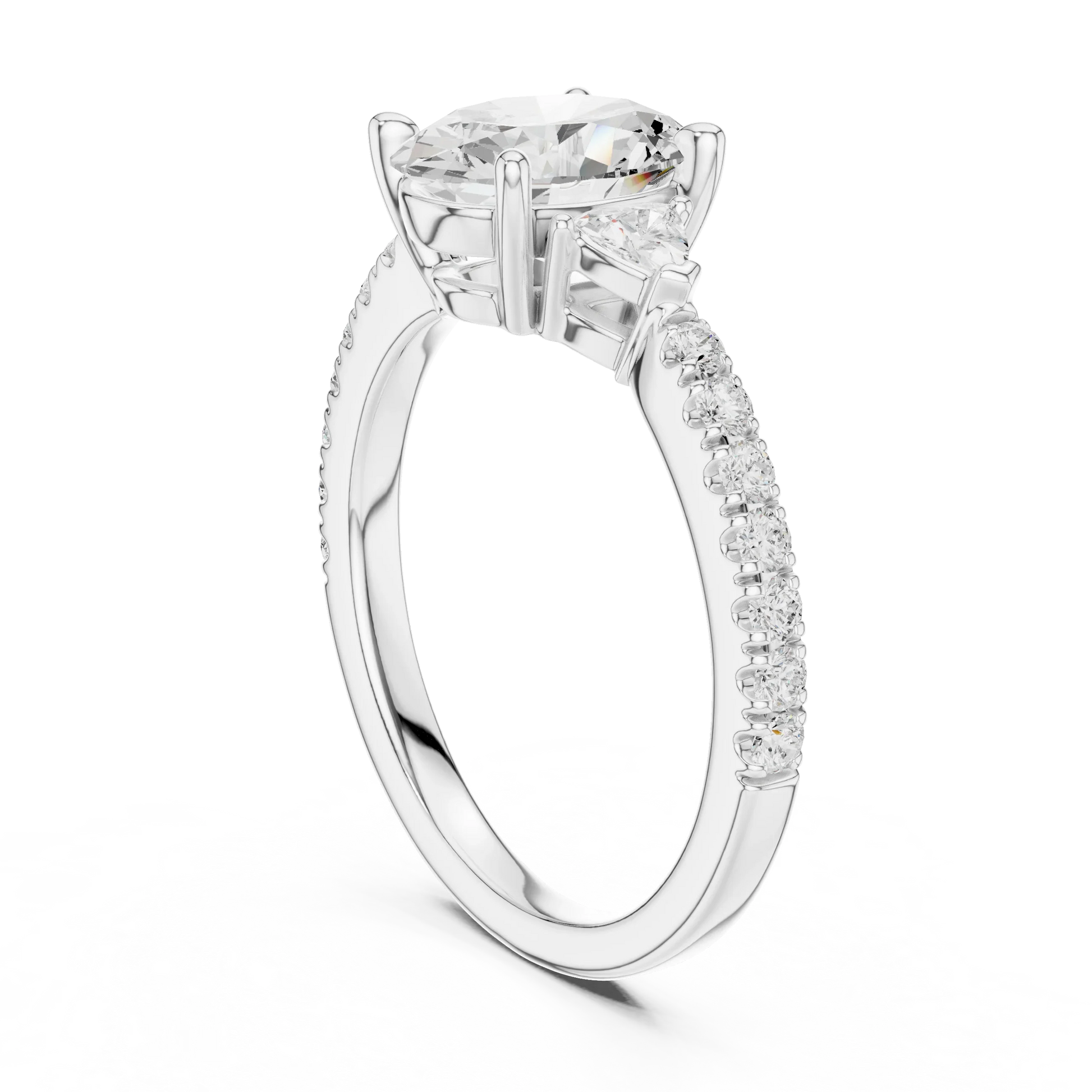 Back view of white gold oval three stone diamond ring with half moon side stones and pave band, showing band and setting