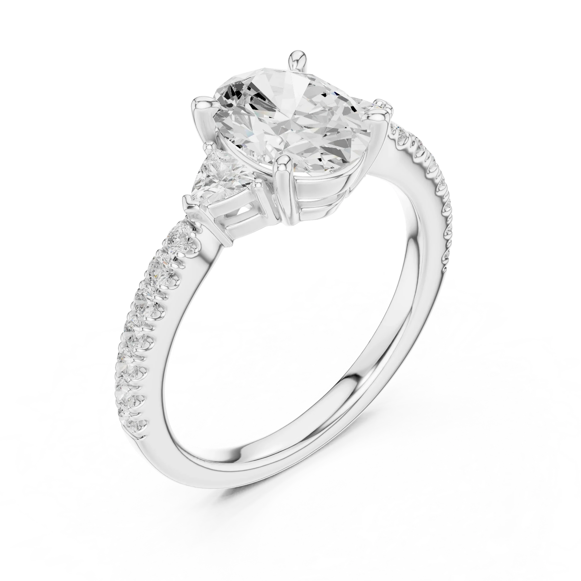 Front view of white gold oval three stone diamond ring with half moon side stones and pave band, showcasing center stone.