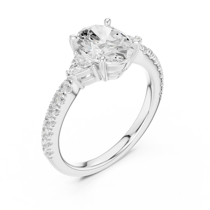 Front view of white gold oval three stone diamond ring with half moon side stones and pave band, showcasing center stone.