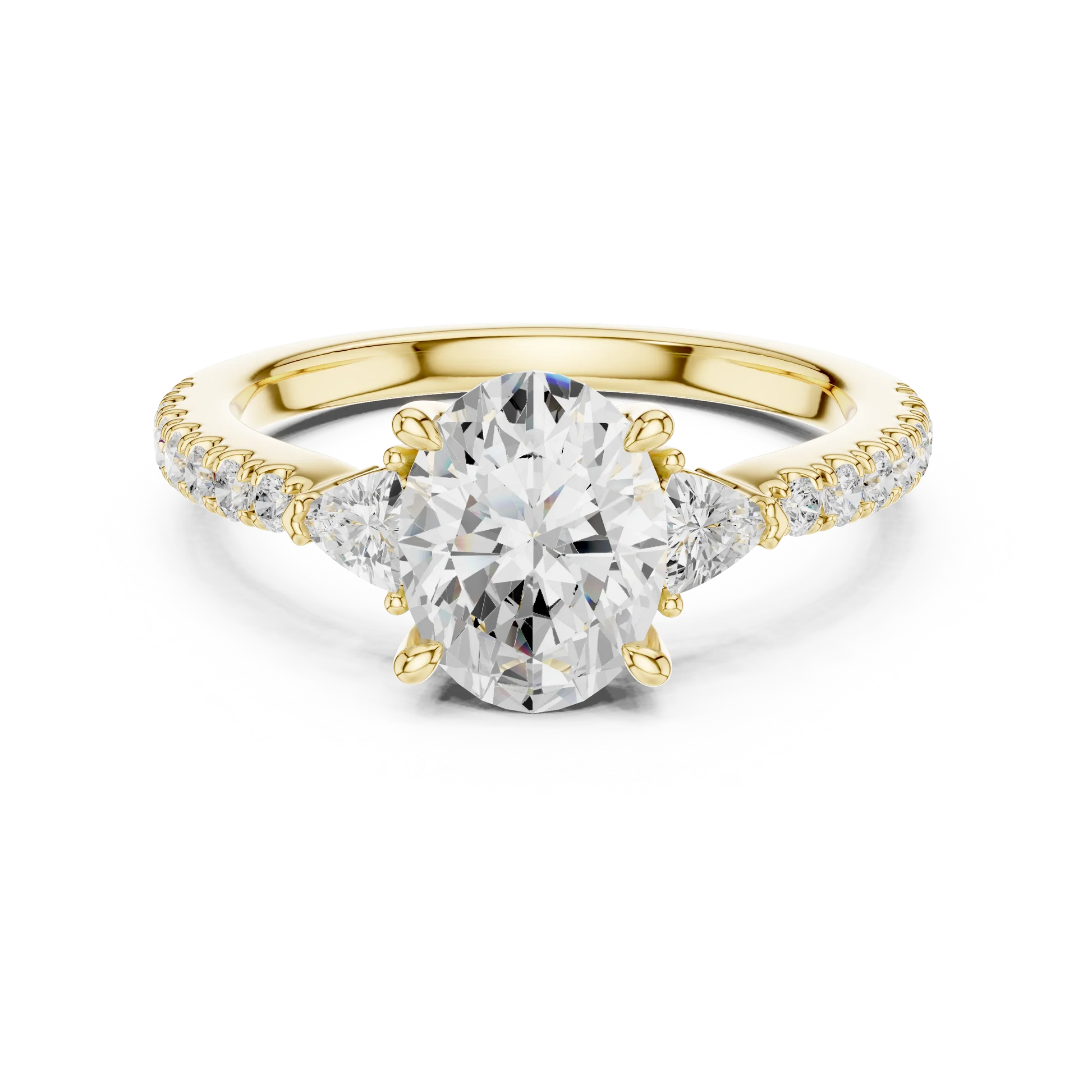 Lab-grown oval cut three stone diamond ring with half moon side stones and pave band in yellow gold, top view.