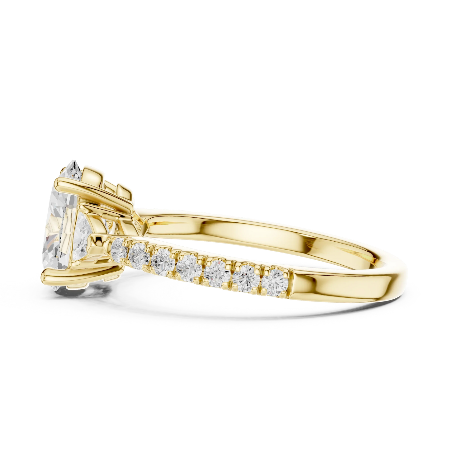 Side view of yellow gold oval three stone diamond ring with half moon side stones and pave band, highlighting design profile.