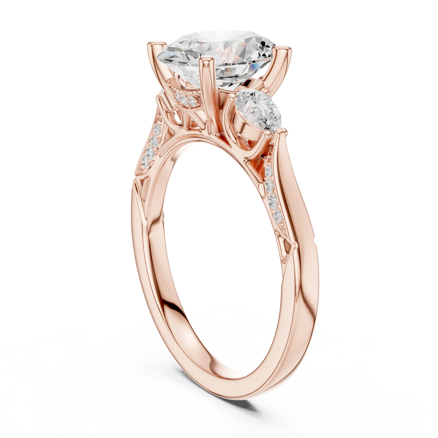 Back side view of rose gold oval three stone ring with pear side stones, accent band and lab-grown diamonds 鈥?Australia