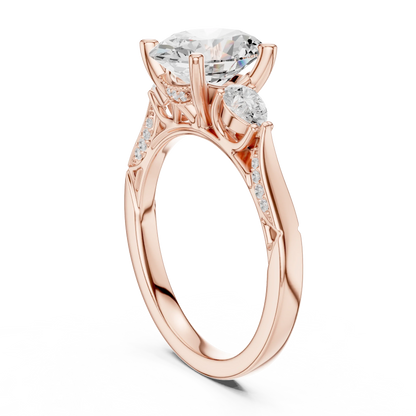 Back side view of rose gold oval three stone ring with pear side stones, accent band and lab-grown diamonds 鈥?Australia