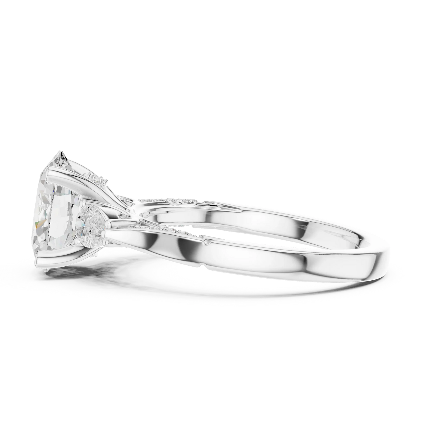 Side view of white gold oval three stone ring with pear side stones, accent band and lab-grown diamonds 鈥?Australia