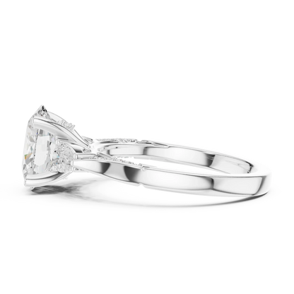 Side view of white gold oval three stone ring with pear side stones, accent band and lab-grown diamonds 鈥?Australia