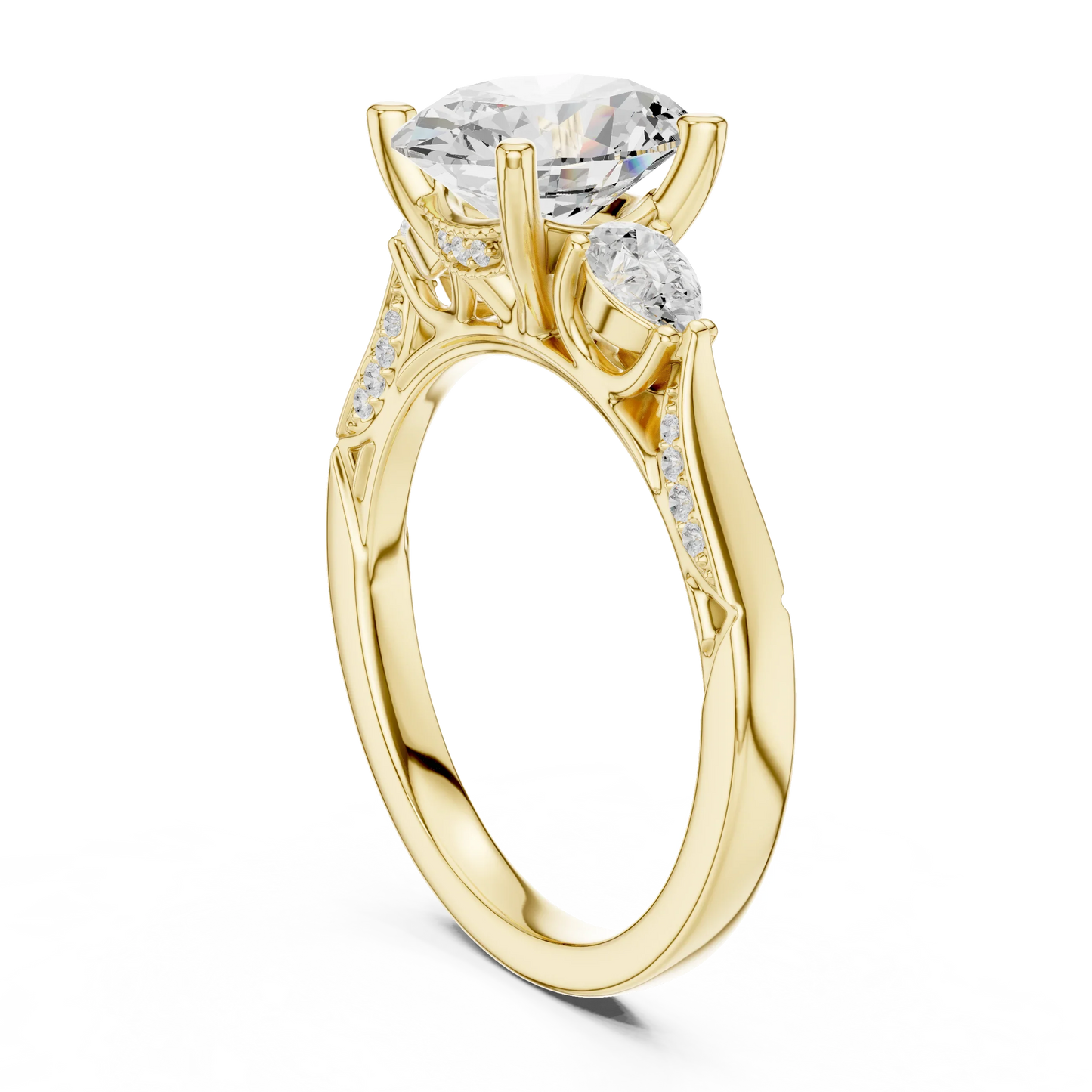 Back side view of yellow gold oval three stone ring with pear side stones, accent band and lab-grown diamonds 鈥?Australia