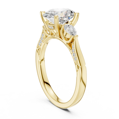 Back side view of yellow gold oval three stone ring with pear side stones, accent band and lab-grown diamonds 鈥?Australia