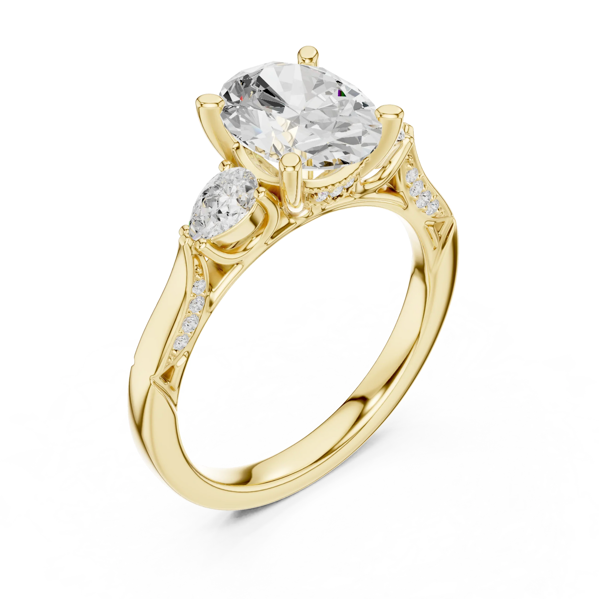 Front view of yellow gold oval three stone ring with pear side stones, accent band and lab-grown diamonds 鈥?Australia
