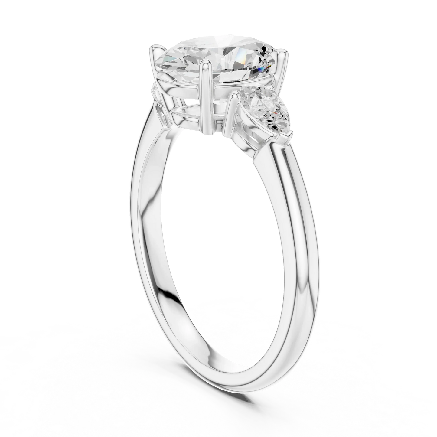 Back side view of white gold oval three-stone ring with pear side stones and lab-grown diamond 鈥?Australia