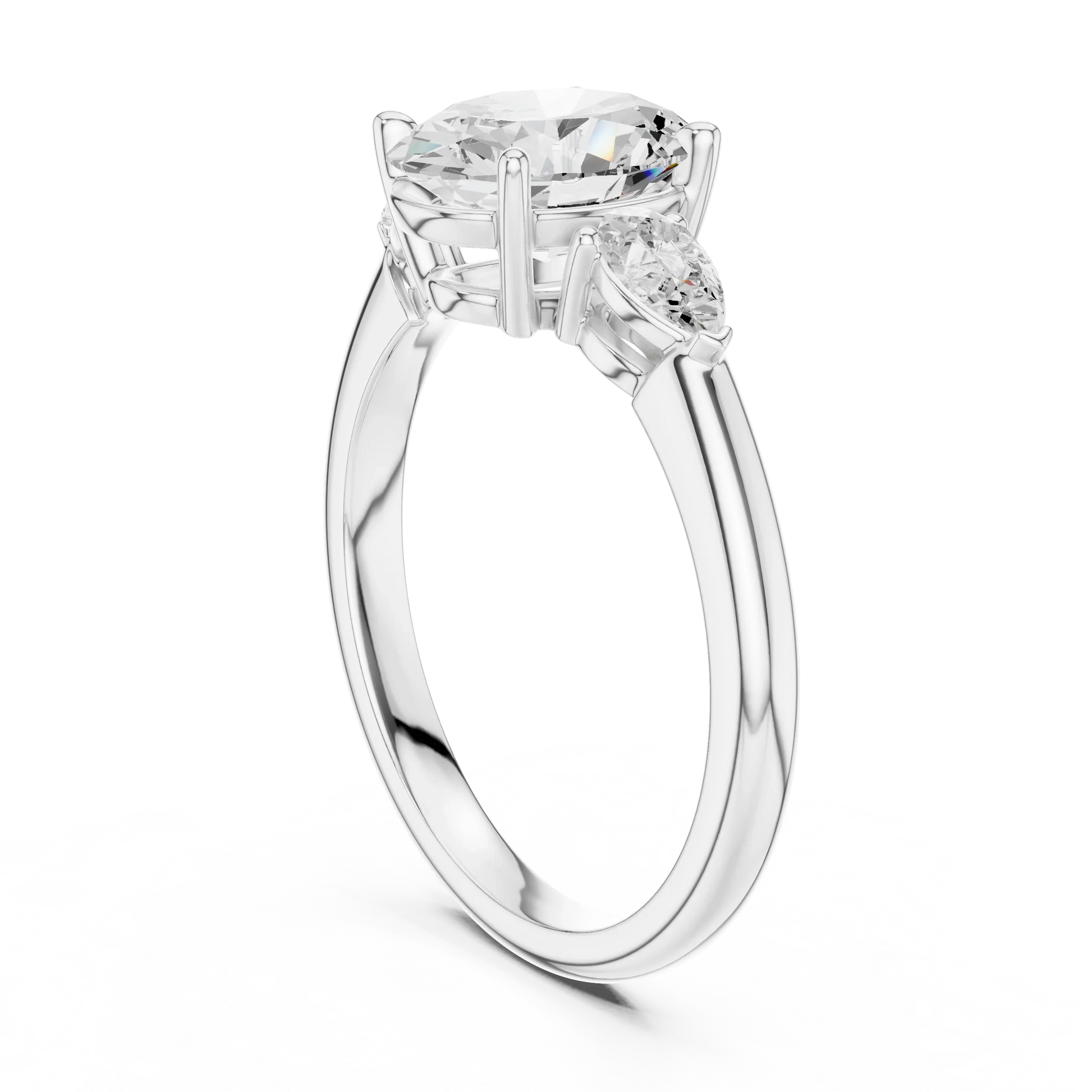 Back side view of white gold oval three-stone ring with pear side stones and lab-grown diamond 鈥?Australia