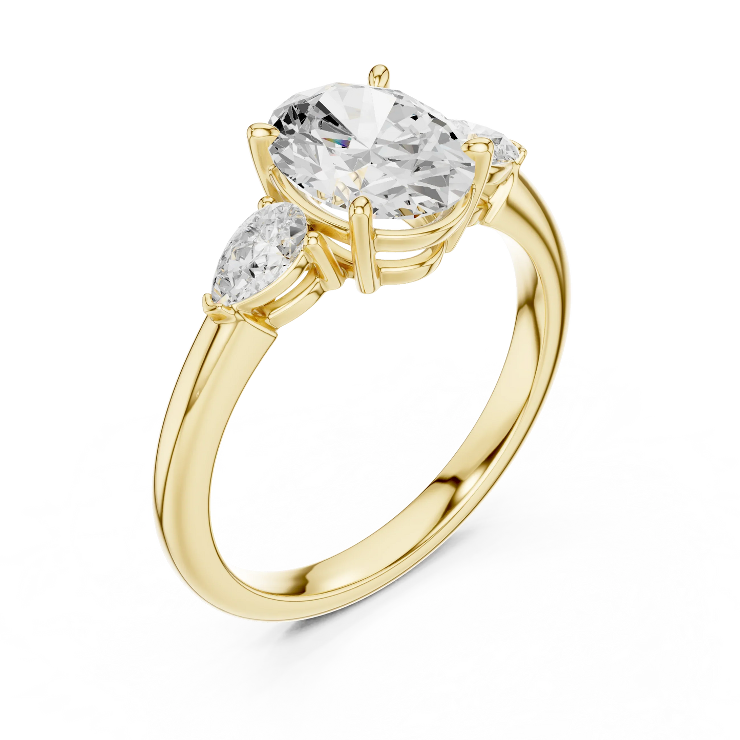 Front view of yellow gold oval three-stone ring with pear side stones and lab-grown diamond 鈥?Australia