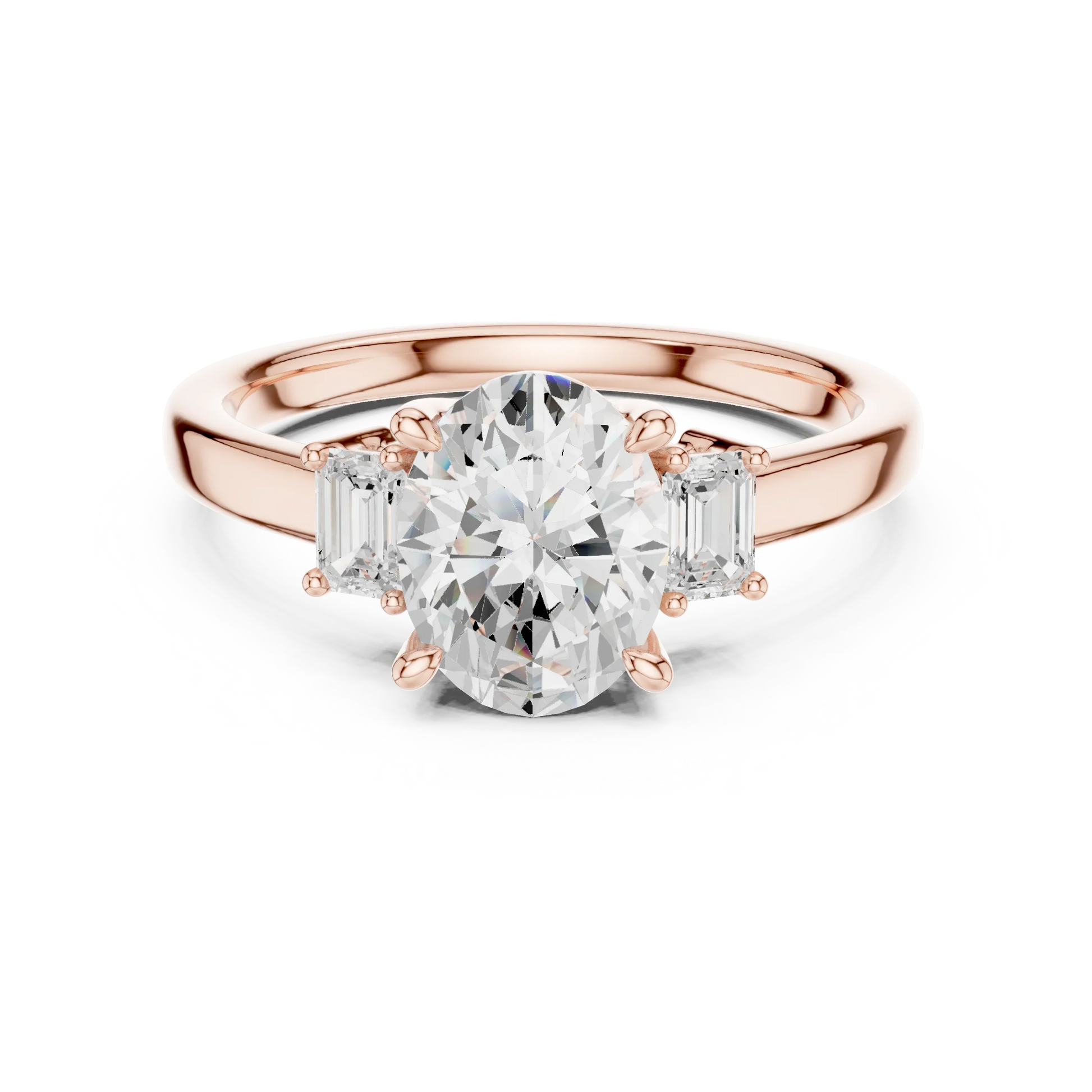 Lab-grown oval cut three stone diamond ring in rose gold, soft tone top view.