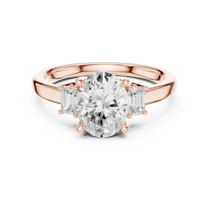 Lab-grown oval cut three stone diamond ring in rose gold, soft tone top view.