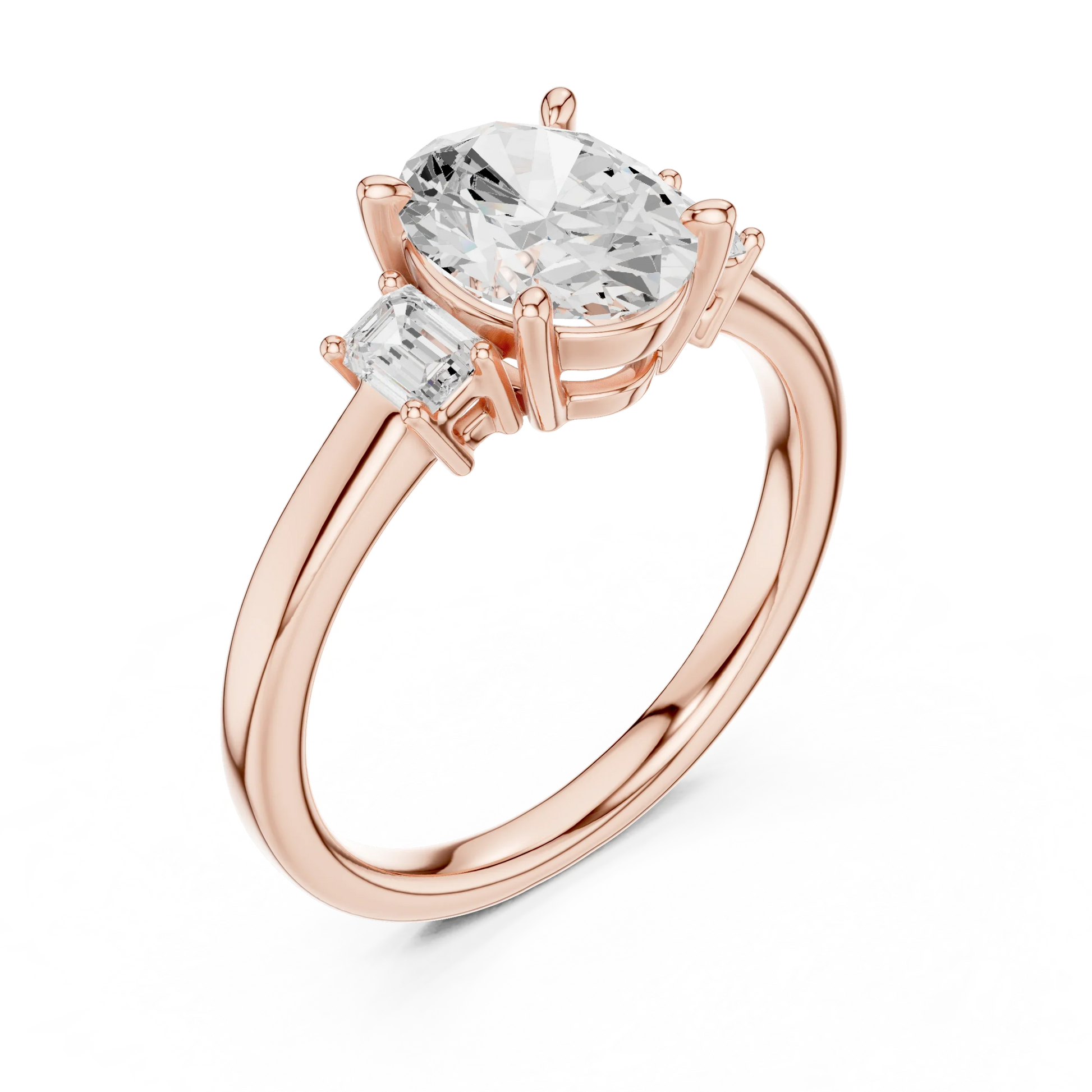 Front view of rose gold oval three stone diamond ring, showcasing gemstone brilliance.