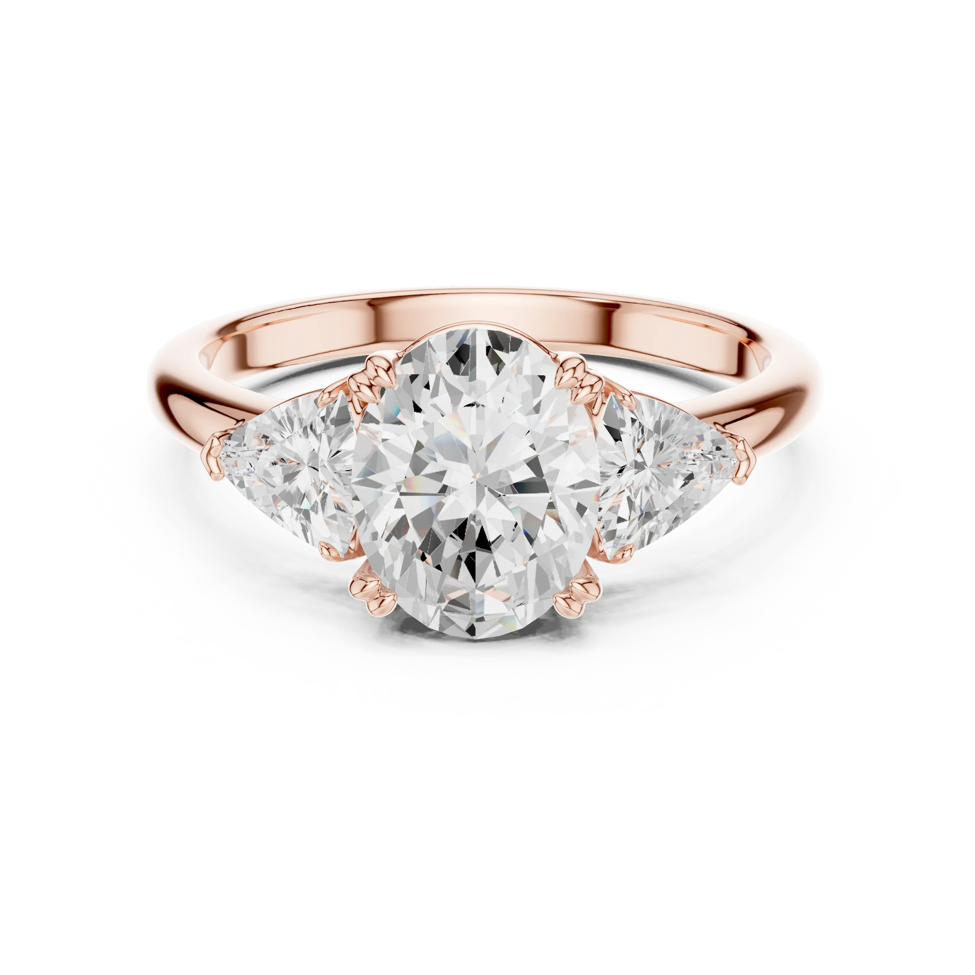 Oval three-stone ring in rose gold with trillion cut side stones and lab-grown diamond 鈥?Australia
