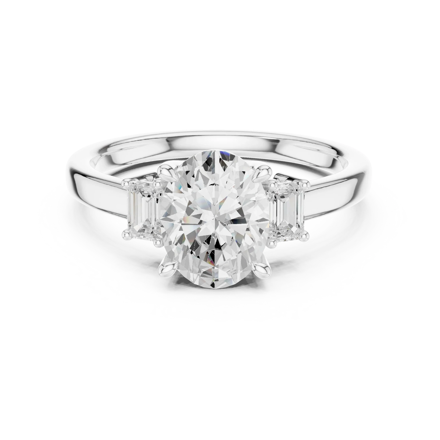 Lab-grown oval cut three stone diamond ring in white gold, elegant top view.
