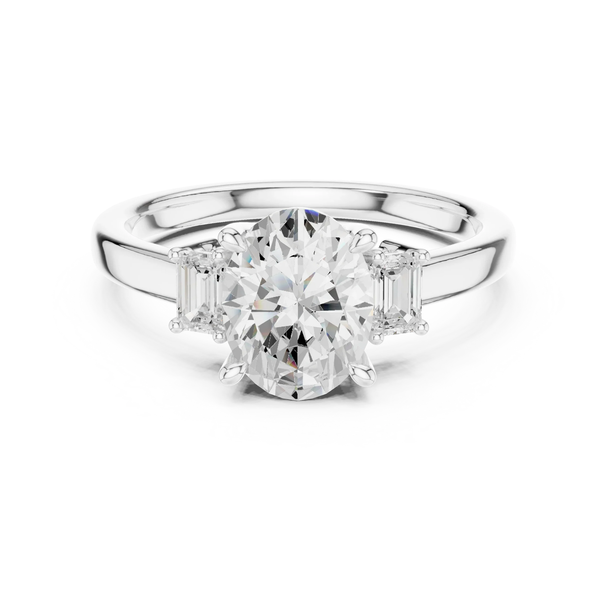 Lab-grown oval cut three stone diamond ring in white gold, elegant top view.