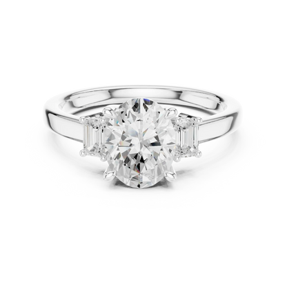Lab-grown oval cut three stone diamond ring in white gold, elegant top view.