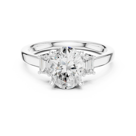 Lab-grown oval cut three stone diamond ring in white gold, elegant top view.