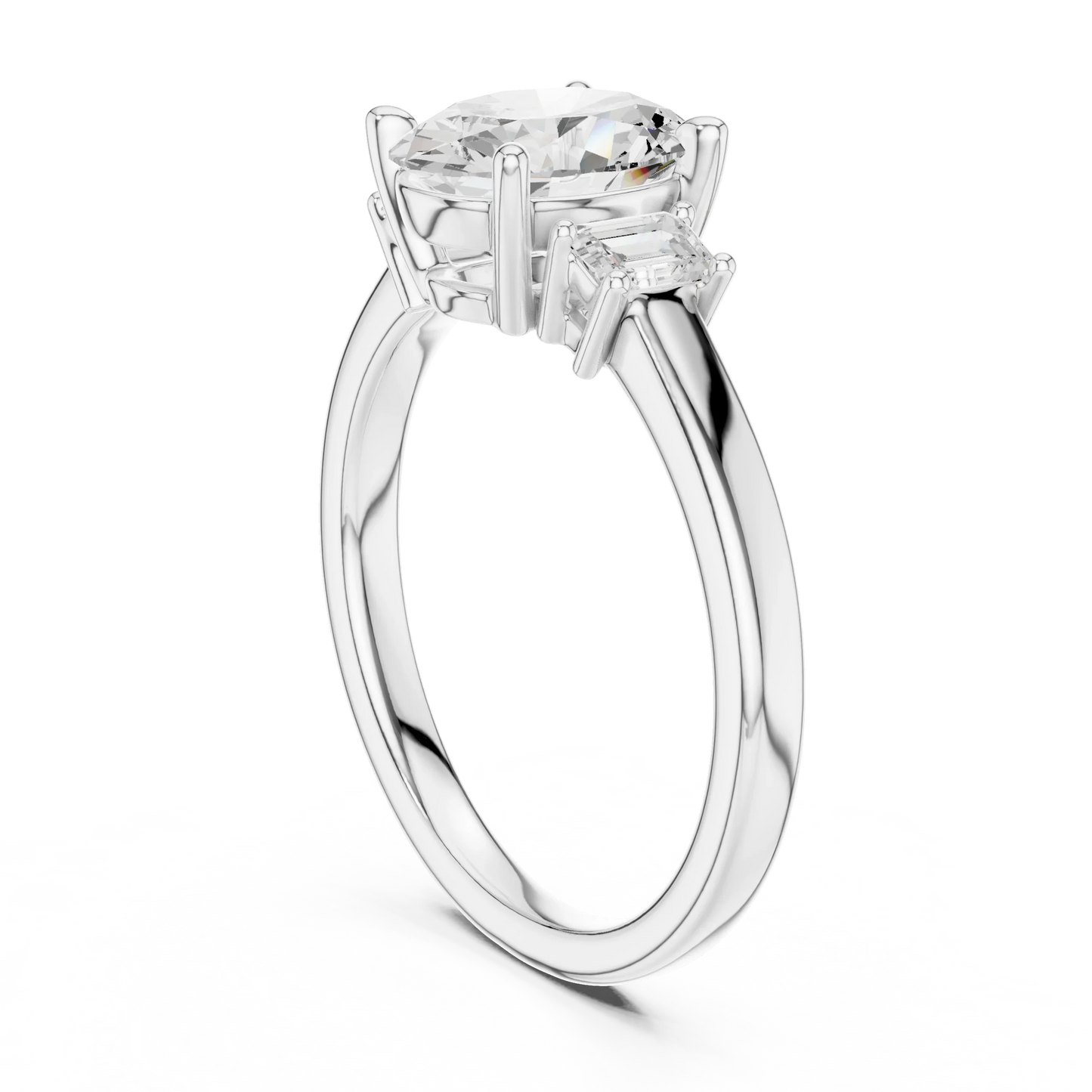 Back side view of white gold oval three stone diamond ring, showing band and setting.