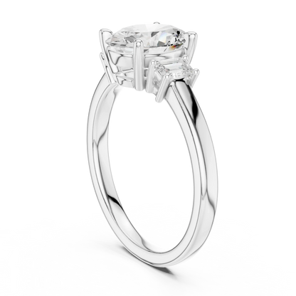 Back side view of white gold oval three stone diamond ring, showing band and setting.