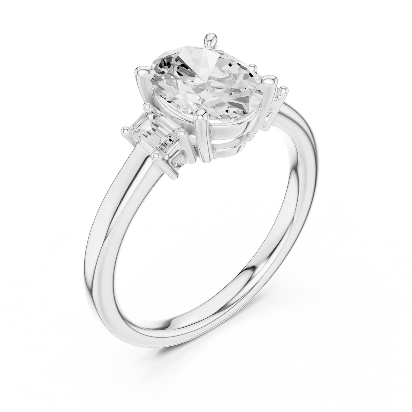 Front view of white gold oval cut three stone diamond ring, showcasing center and side stones